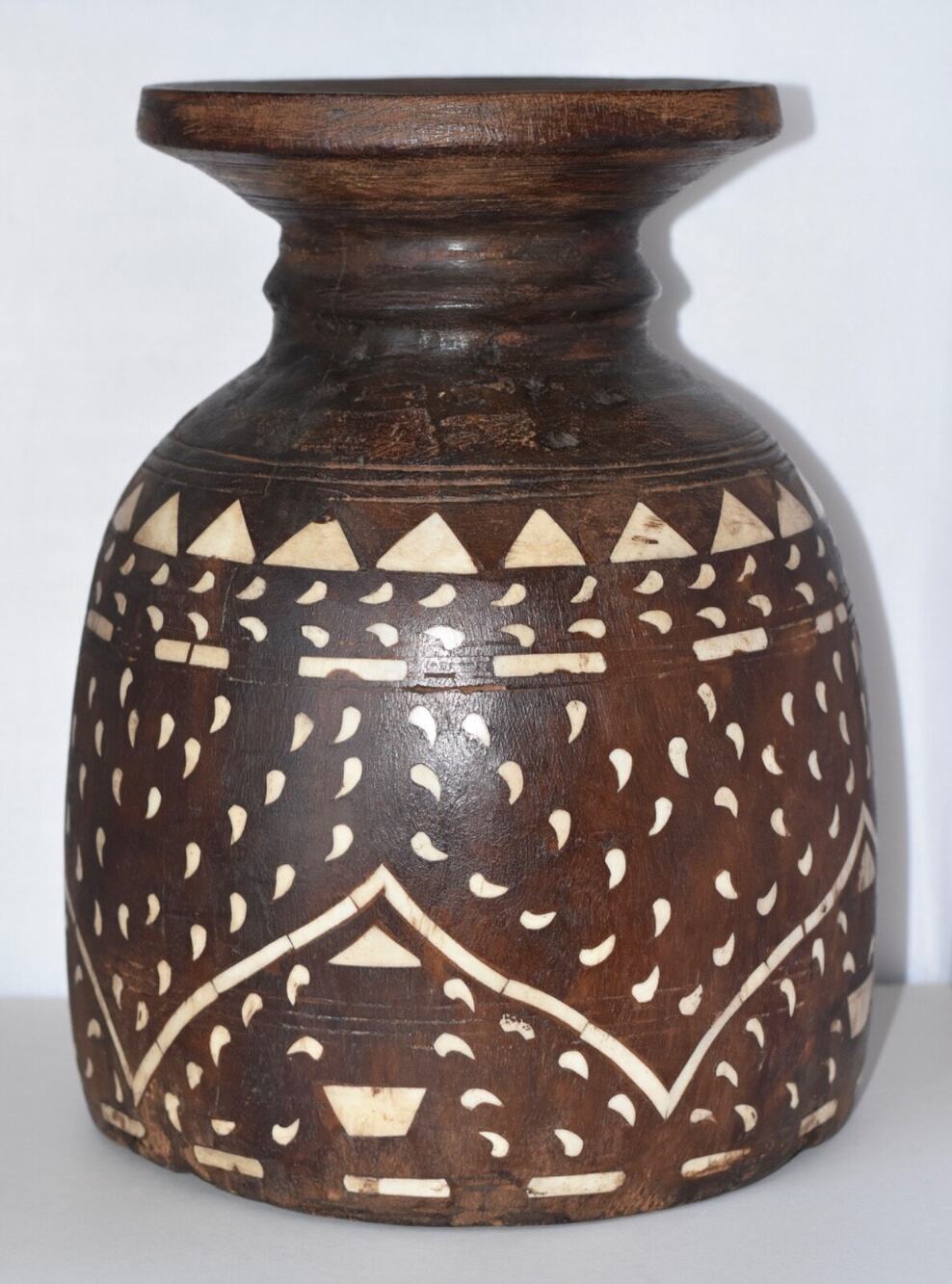 Antique Folk Art Wood Hand Crafted With Bone Inlay Vessel Vase Pot